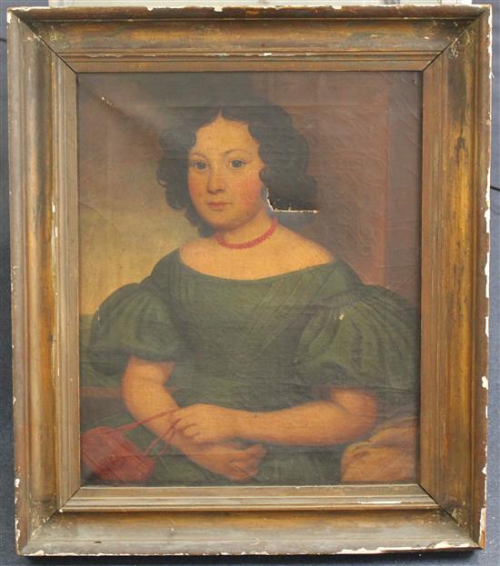 English School c.1850 Portrait of a young lady wearing a green dress and a coral necklace, 23 x 19in.